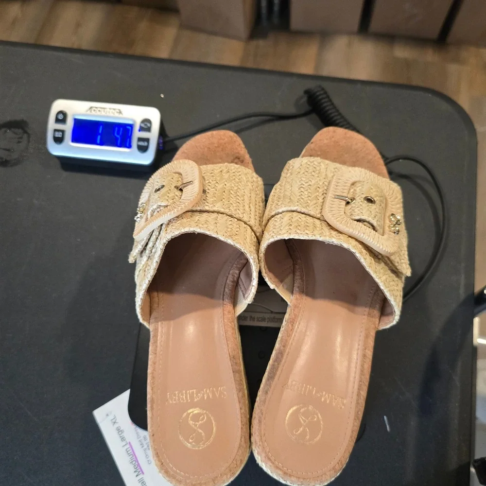 Sam & Libby Womens Beige Woven Raffia Platform Slide Sandals Buckle Size 7